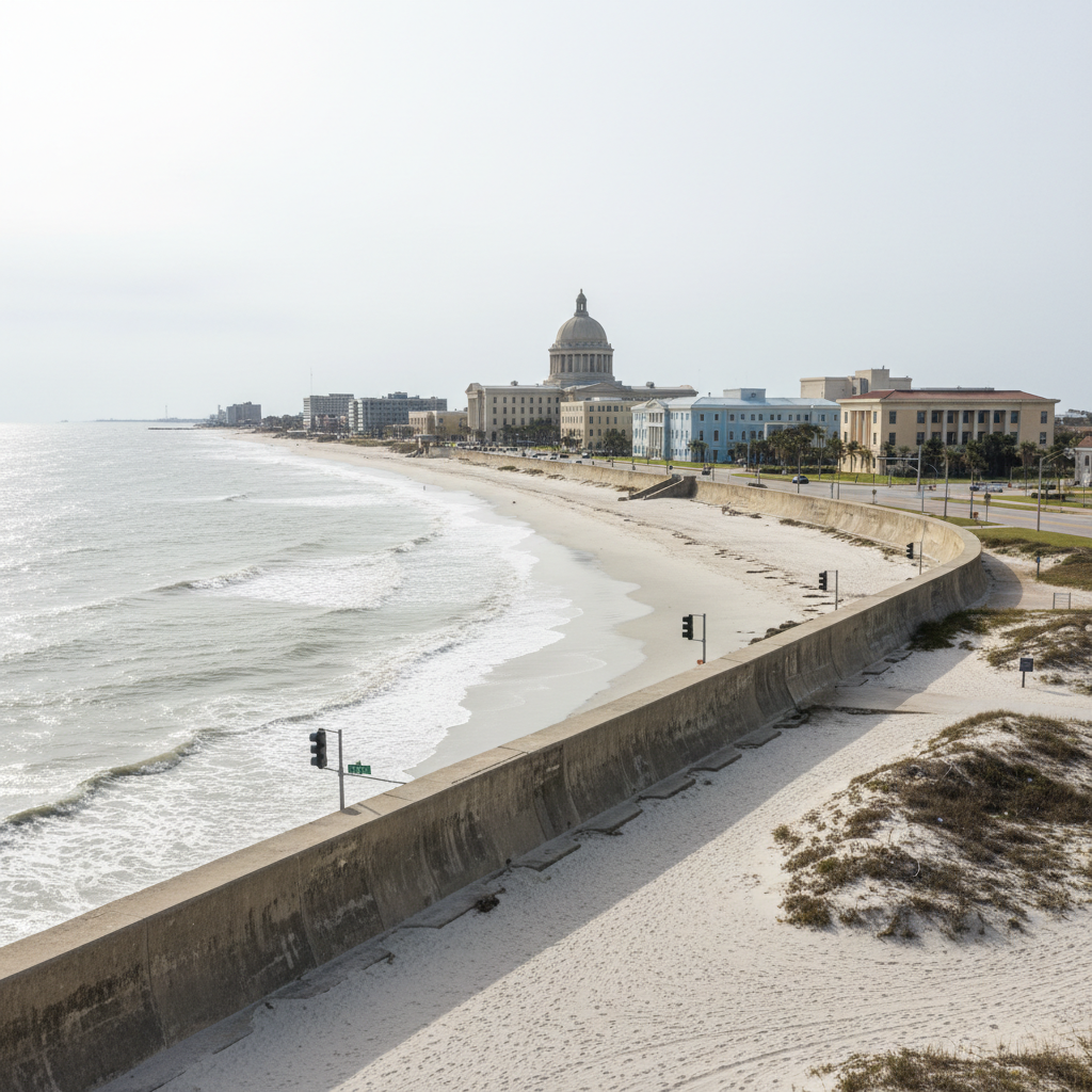 An elevated, wide-angle photographic scene of the Galveston shoreline with the historic seawall in the foreground and the island’s civic buildings in the mid-distance, including a recognizable but genericized domed courthouse silhouette and low municipal offices. The sky is bright but slightly overcast, providing soft, even lighting that gently illuminates sandy textures, muted pastel building colors, and the subtle shimmer on the Gulf waters. Street signs and traffic lights appear small but readable, adding civic context without any vehicles or people. The composition follows the rule of thirds, with the horizon placed high to emphasize the built environment. The atmosphere is calm, serious, and informative, reflecting a professional local government news hub in photographic realism.