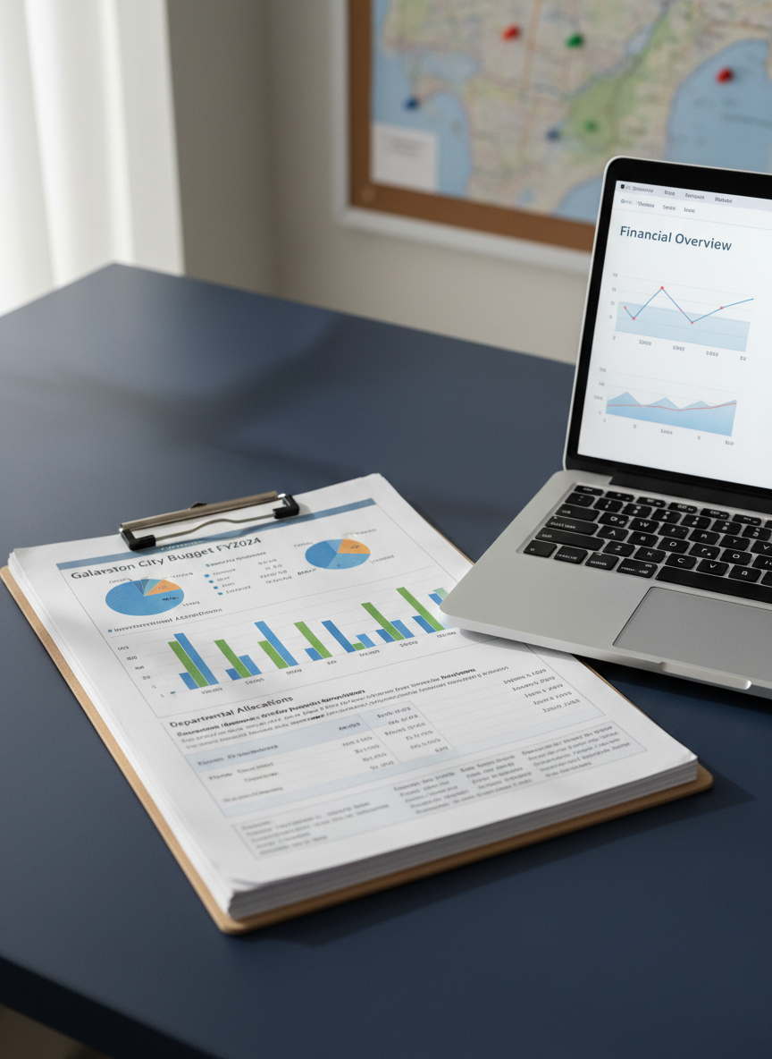 A close-up, overhead view of a detailed Galveston city budget report spread across a matte navy-blue desk, featuring clearly printed charts, color-coded bar graphs, and a well-worn metal paper clip holding thick pages together. Beside the documents sits a sleek, open laptop showing a simplified dashboard with trend lines and clean typography. Soft, overcast window light from the left creates minimal glare and subtle shadows along the paper edges, enhancing legibility. The background gently falls into a mild blur with a faint hint of a city map pinned to a wall. The mood is analytical and focused, in a photographic realism style, emphasizing accuracy and accessibility of complex local government data for a professional news site.
